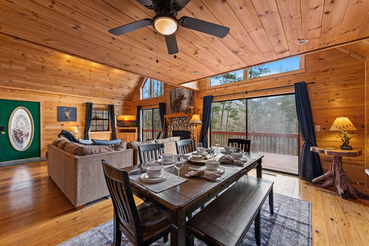 The layout encourages easy conversation, making it perfect for both casual dining and special gatherings.