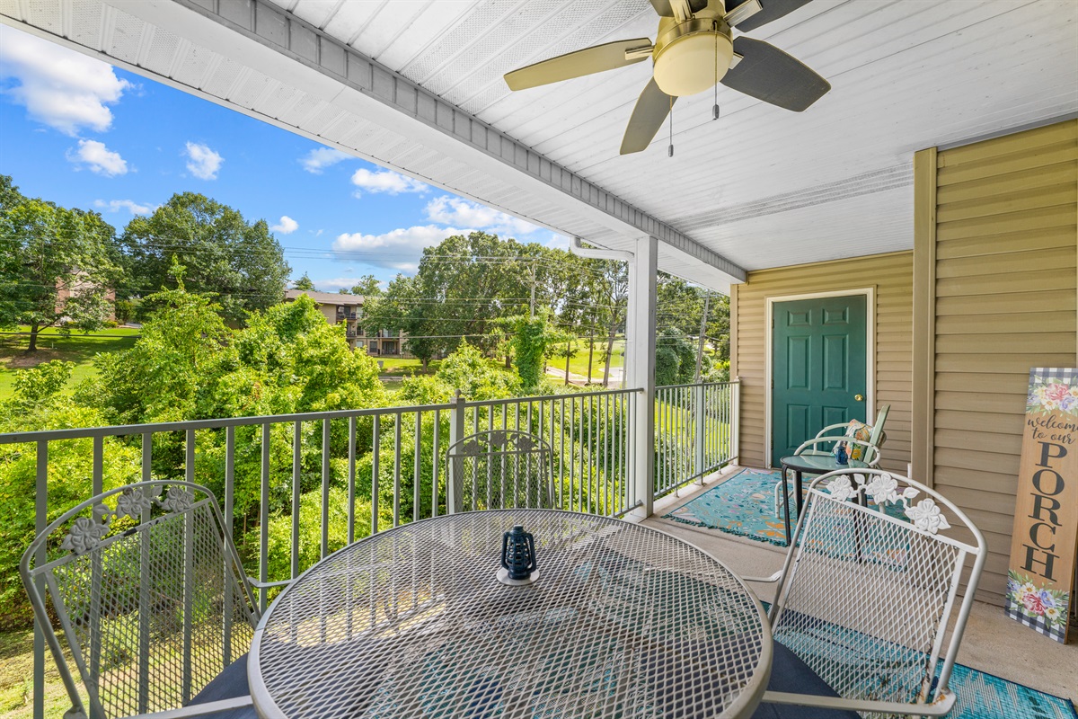 Covered outdoor seating lets you enjoy the view with coffee in the morning or a relaxed drink after the shows.