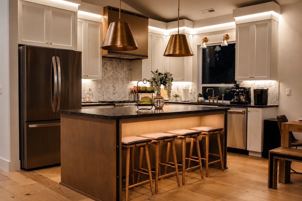 A kitchen designed to feel bright, calm, and quietly luxurious. Soft LED lighting highlights every detail, creating a warm glow that feels both inviting and refined. A space where mornings feel peaceful and evenings feel special.