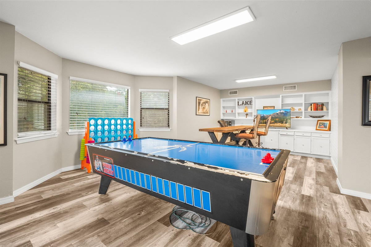 Lake time, chill out. Or play air hockey. Chill out zone in basement.