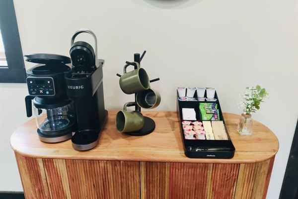 Start your morning right with our coffee station featuring Keurig, drip coffee, and stocked pods.
