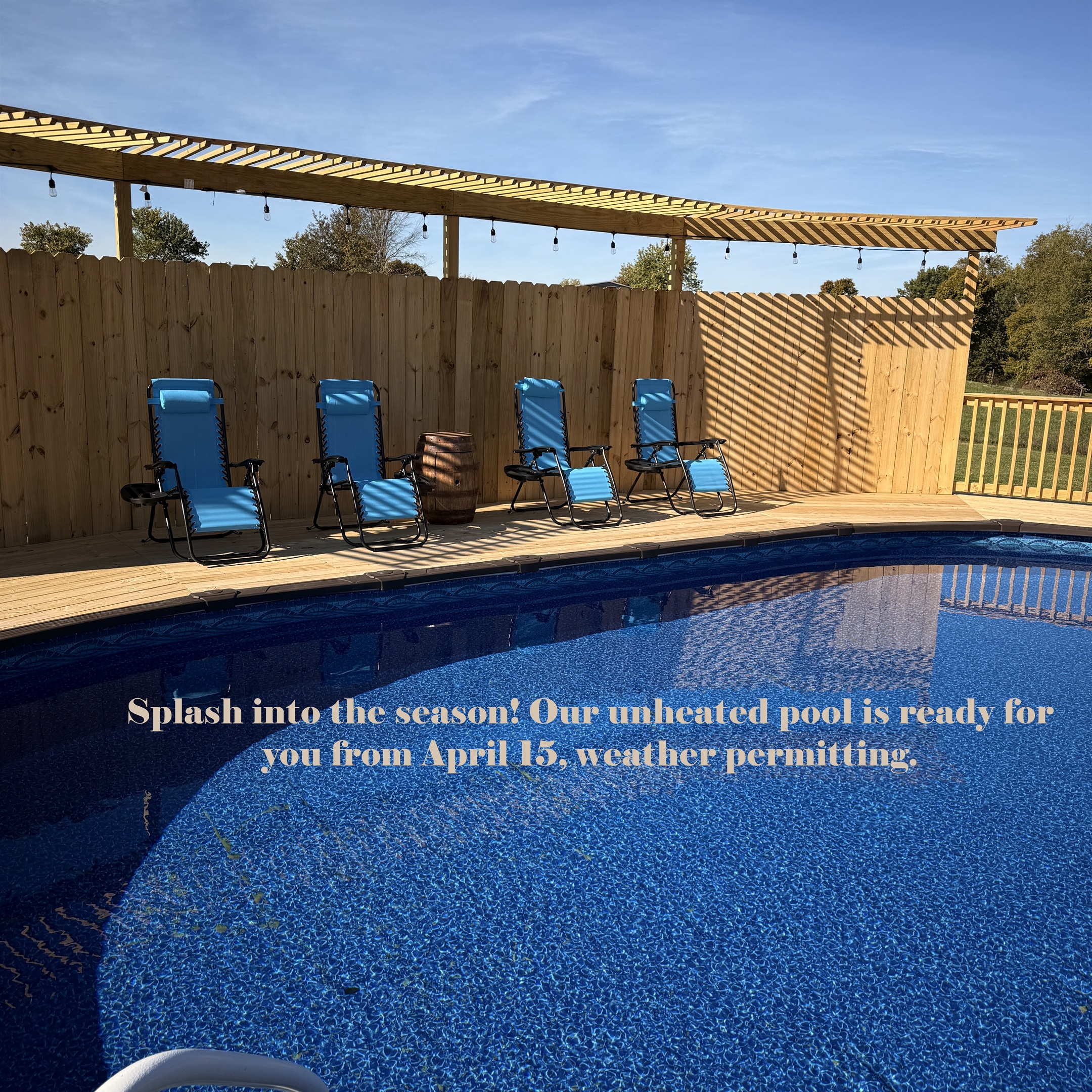 Splash into the season! our unheated pool is ready for you from April 15, weather permitting.