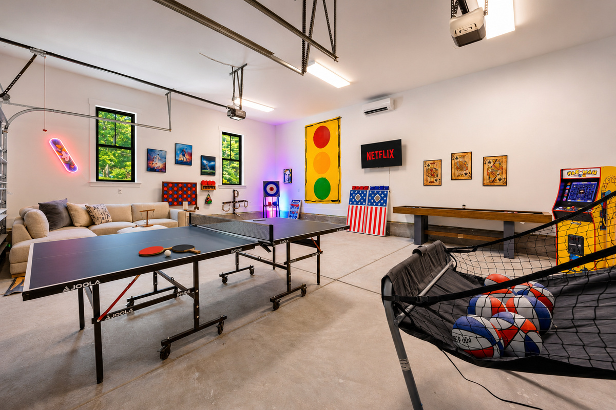 Rainy day or game night, this vibrant arcade and ping pong room keeps the whole crew entertained for hours.