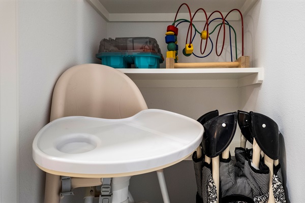 Your house is prepared for young guests with a high chair and play yard.