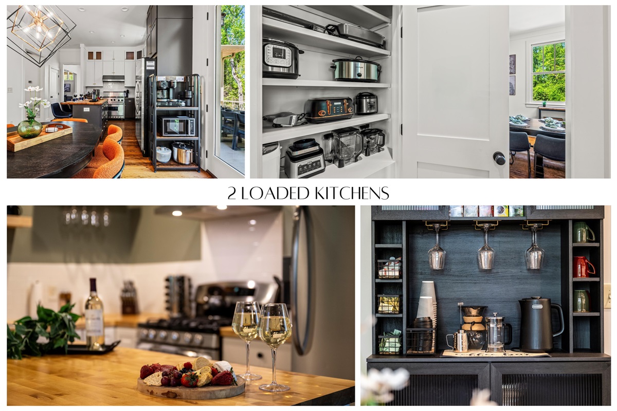 Enjoy the convenience of two beautifully designed kitchens, each stocked with everything from blenders and slow cookers to coffee bars and wine glasses—ideal for preparing meals and entertaining large groups.