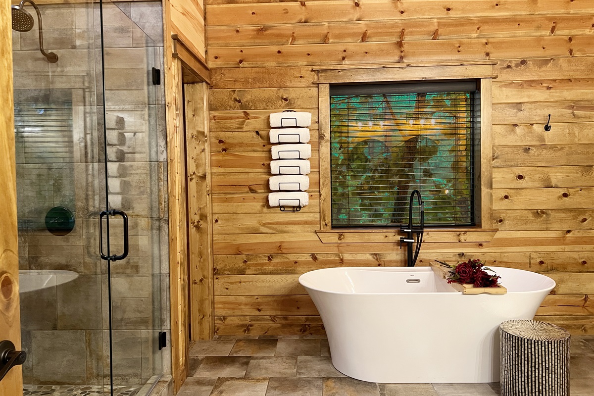 The soaker tub is large enough for 2 guest.
