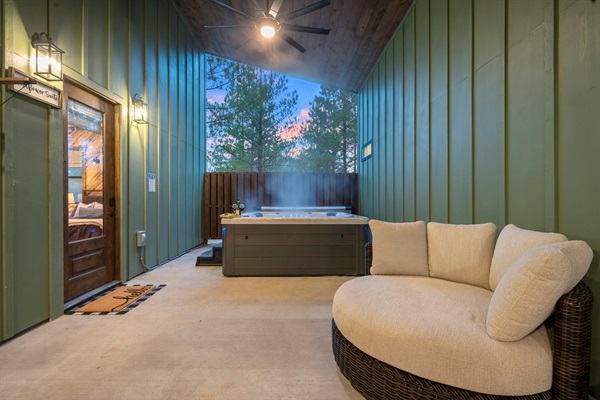 A large hot tub awaits everyone that enjoyed a day at the lake or long hike in the woods