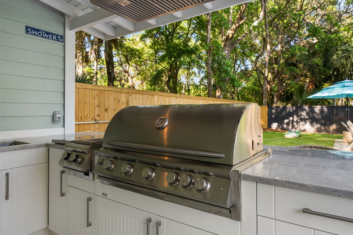 Outdoor Kitchen And Bar With Gourmet Grill, Beer and Wine Fridge, Ice Maker, and 65" Smart TV | IOP Escapes Beach Blessing | 3705 Hartnett Blvd, Isle of Palms, SC