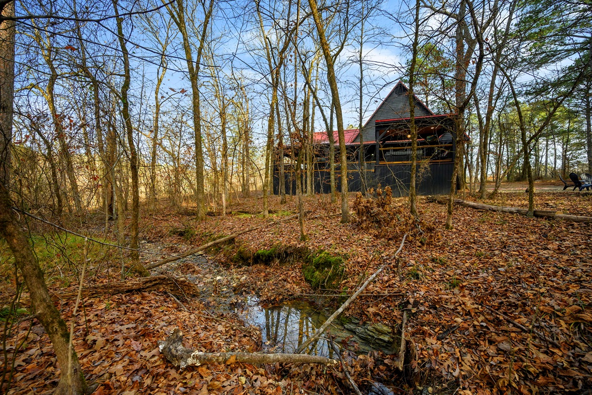 Cabin sits on a large corner lot.