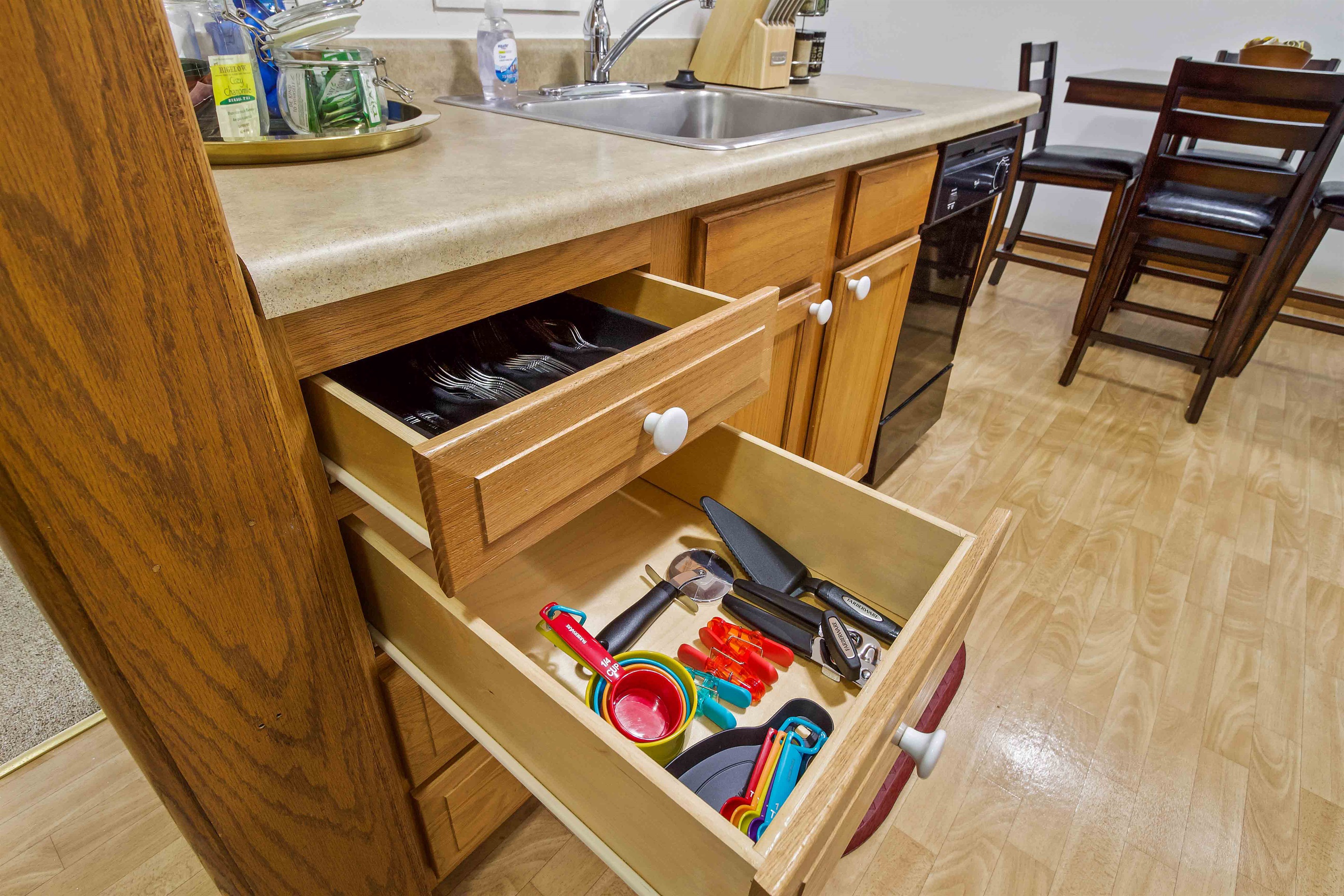 Plenty of utensils and cooking accoutrement to make cooking a breeze.