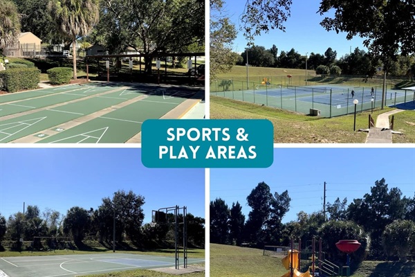Basketball, shuffleboard, tennis/pickleball, play areas for kids, and plenty of space to play frisbee and other yard games. 