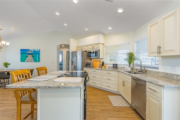 Full kitchen with coffee pot and K-Cup.