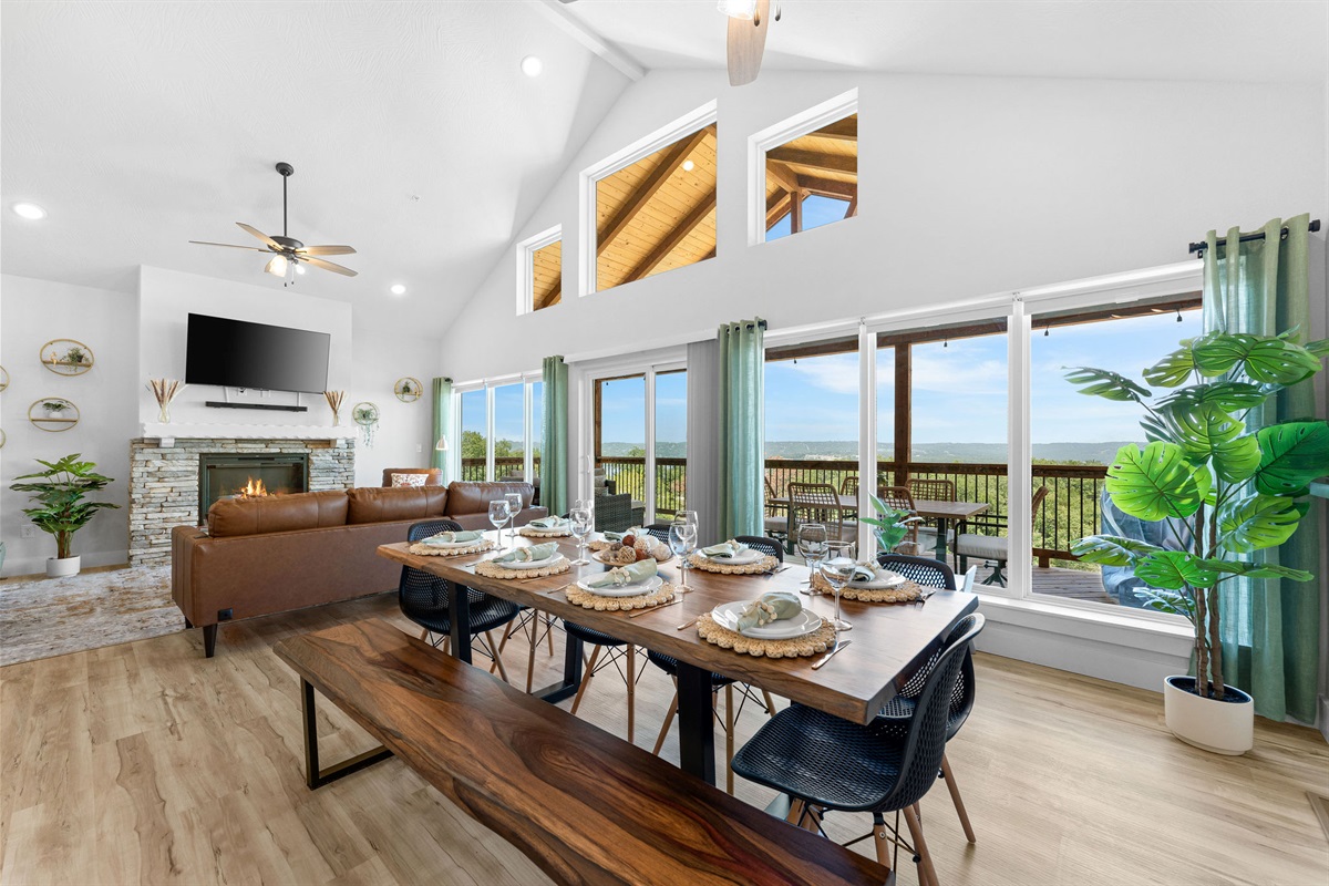 Open dining room with soaring ceilings!