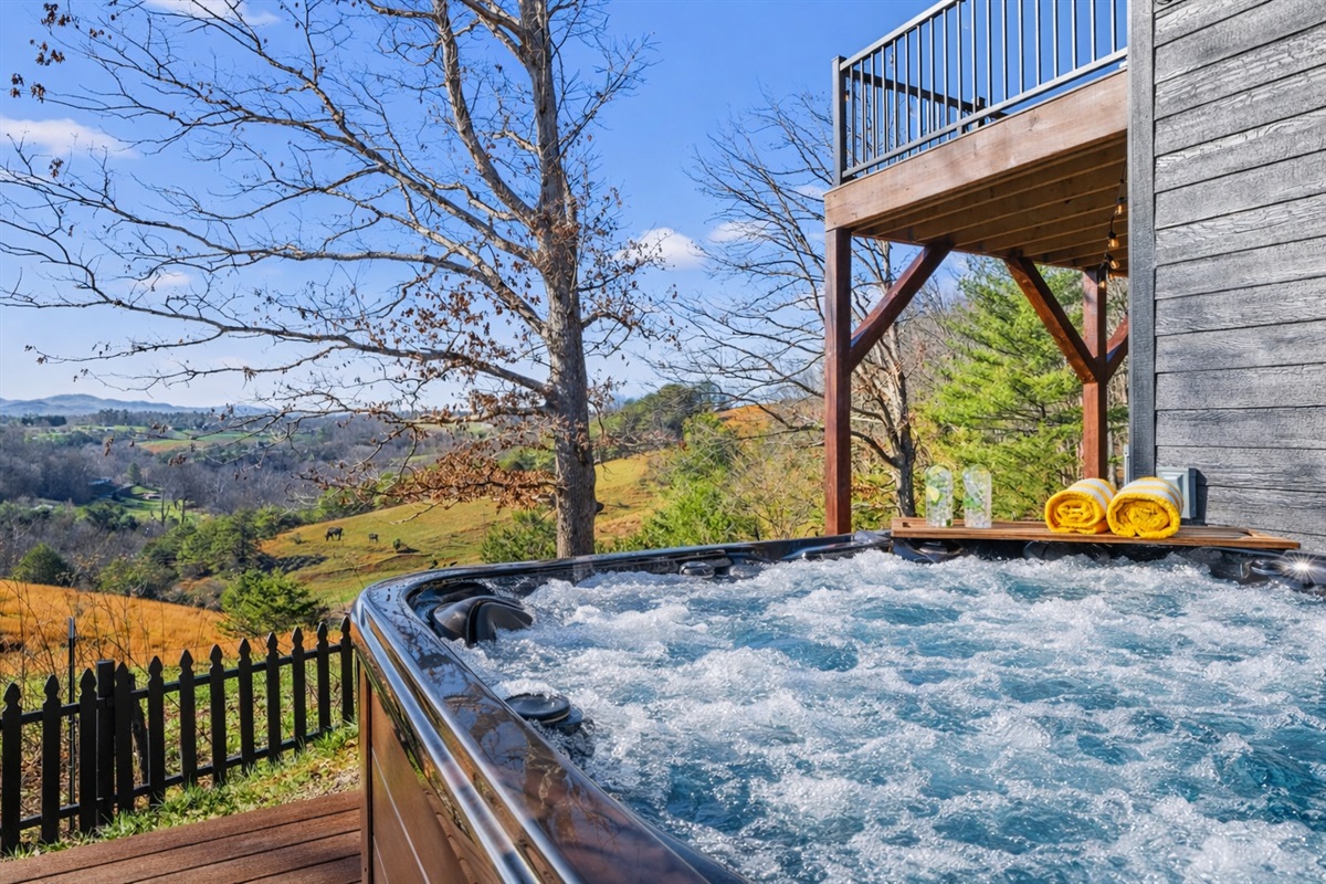 {Hot Tub}
Soak with uninterrupted Blue Ridge views — fresh air, bubbling water, and that feeling of being exactly where you want to be.