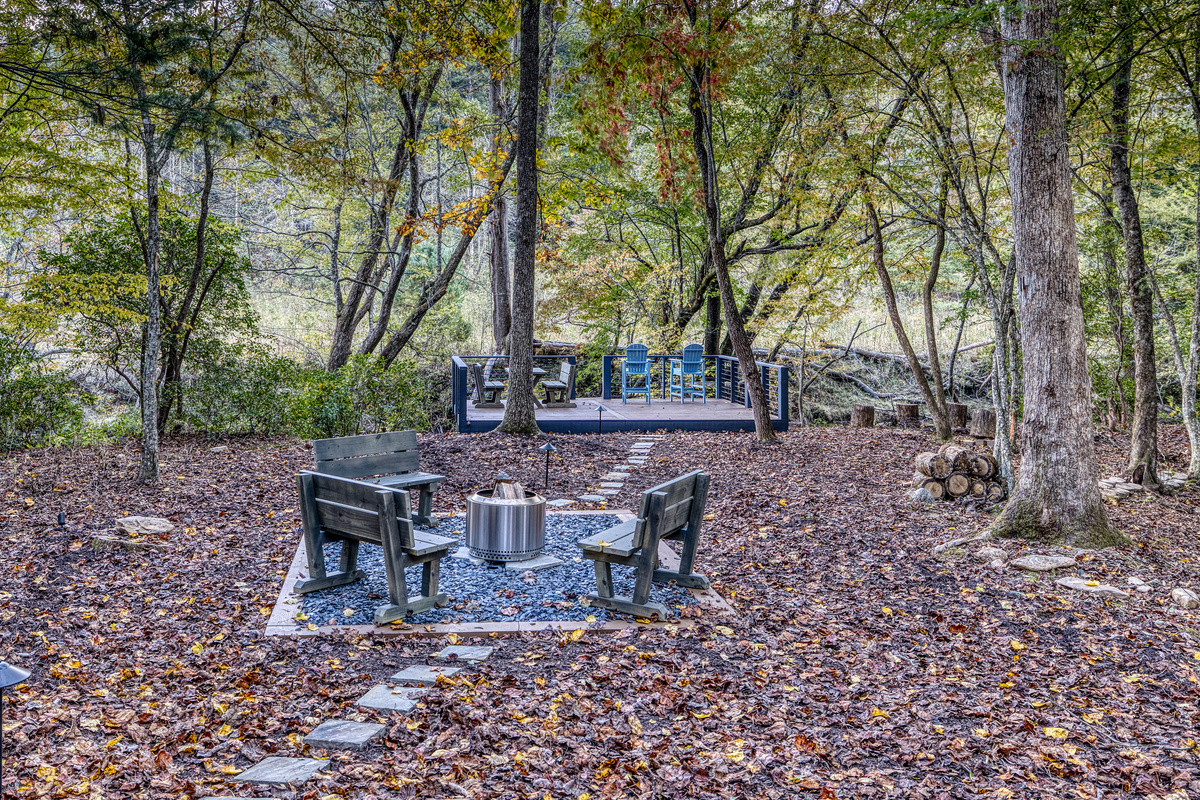 Fire pit seating area in the woods.