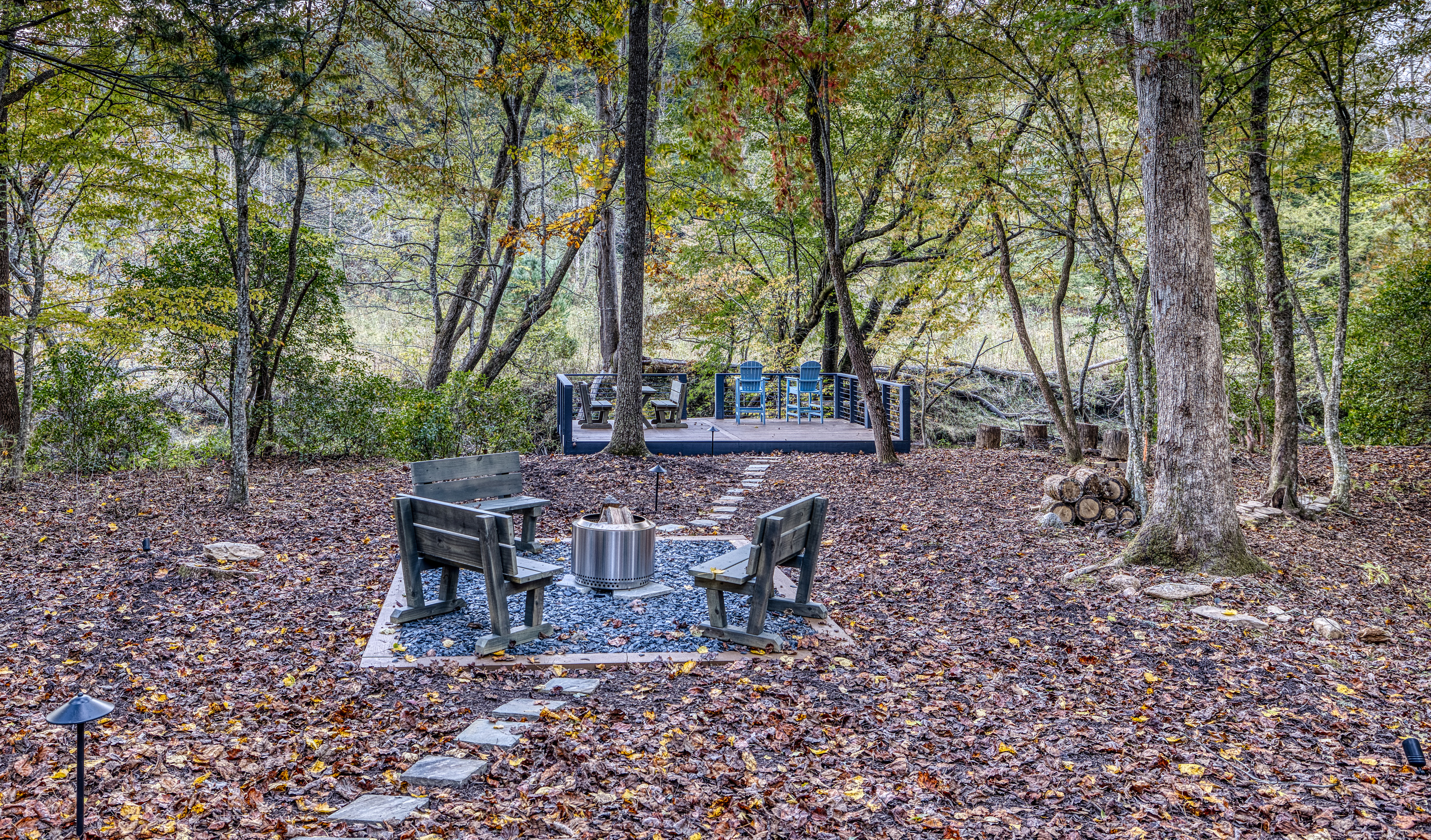Fire pit seating area in the woods.