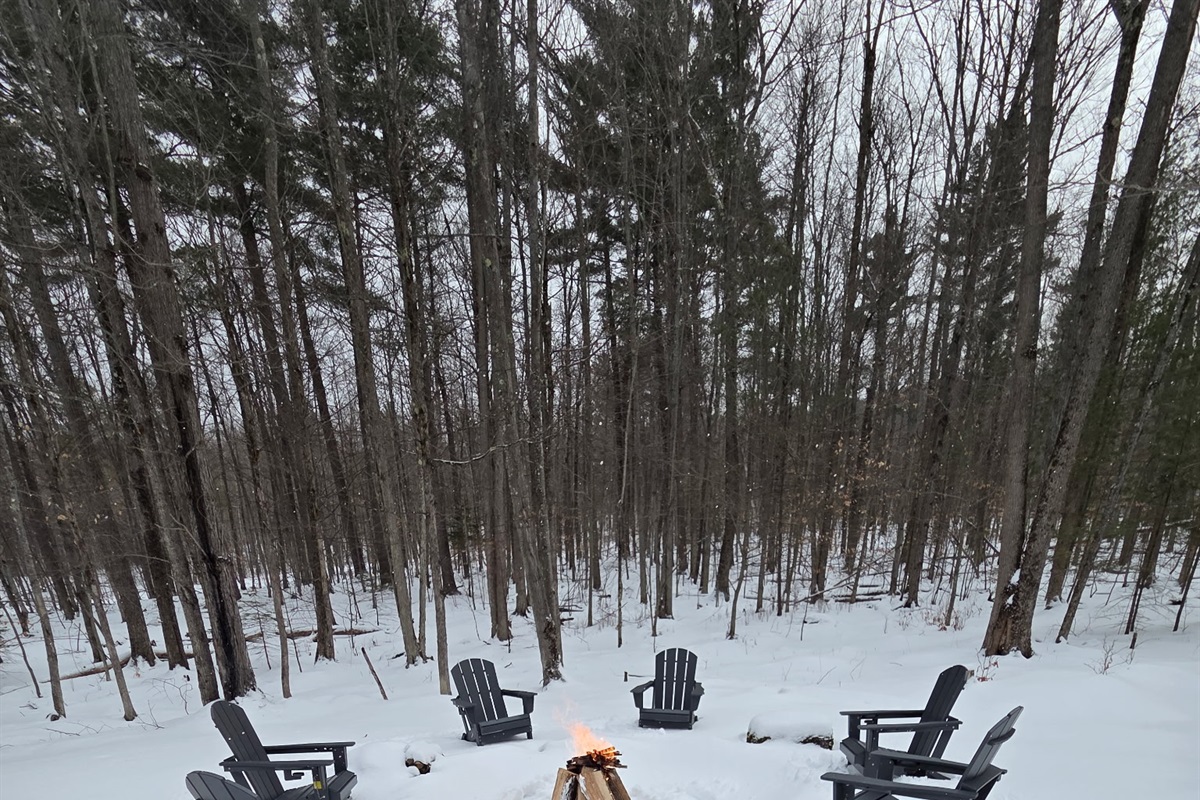 Outdoor fire pit to enjoy with friends and family, surrounded by the beautiful Adirondack nature