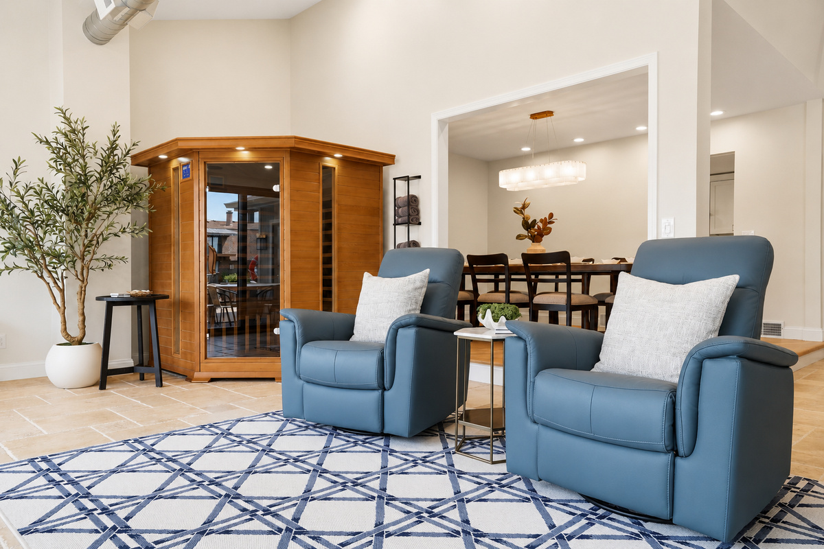 Comfortable lounge area with seating, sauna, and open flow to the dining space. Bright, relaxing setup perfect for unwinding and enjoying the home’s amenities.