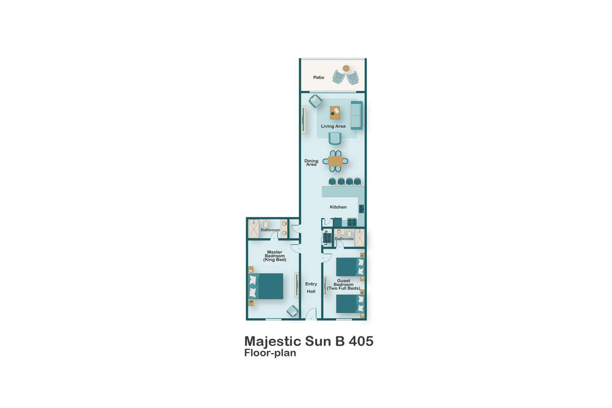 Floorplan for Majestic Sun B405. Majestic Sun B405 is a 2 Bedroom, 2 Bathroom Condo with Majestic Gulf & Beach Views!