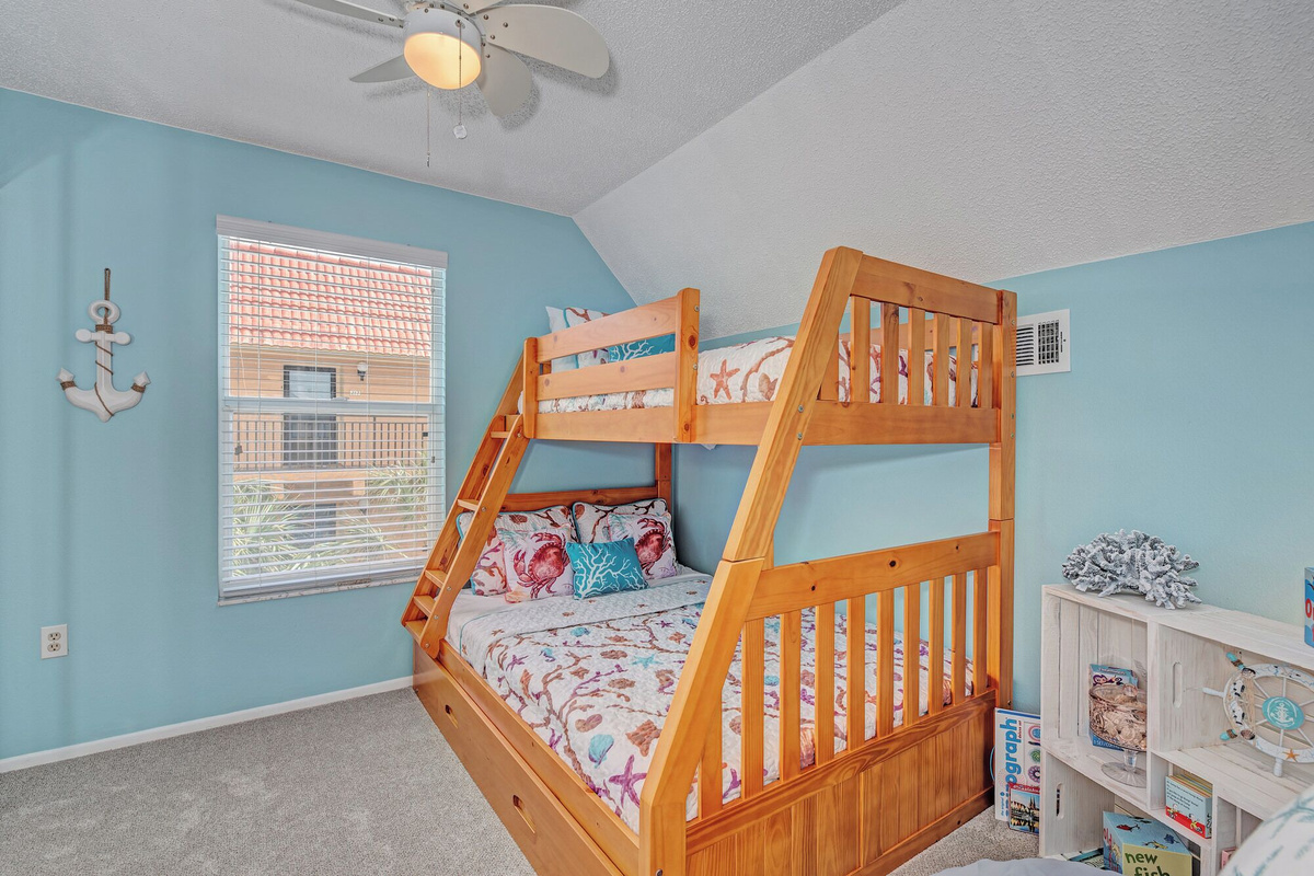 We have toys, games and books for the kiddos as well as a pack n play. This bunk bed has a trundle bed that pulls out for an additional sleeping space! This room can comfortably hold 4 children. 