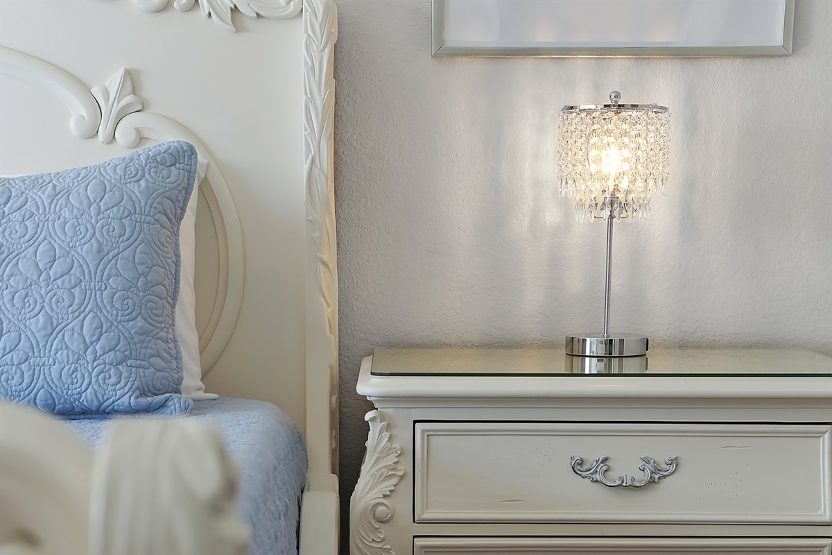 Dimmable lamps  on the nightstands also provide convenient USB charging ports.