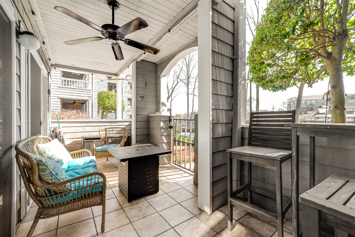 Covered patio with marina views