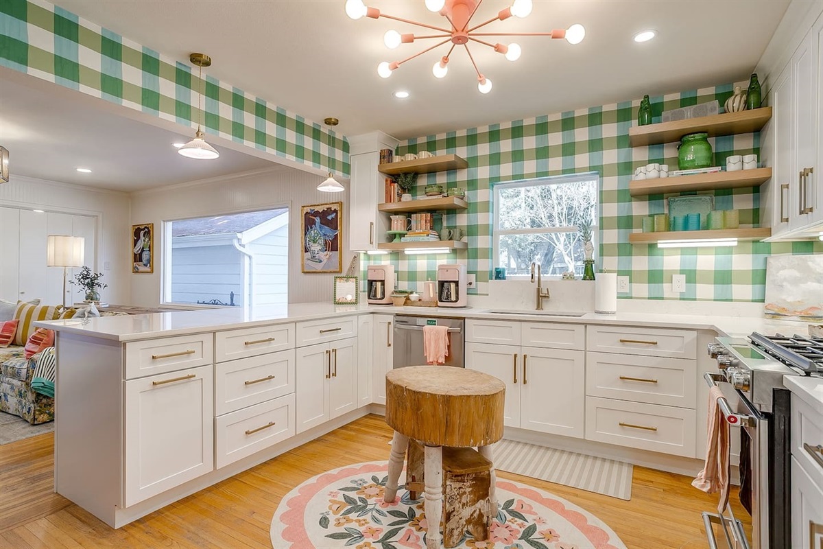 Quartz Kitchen with vintage Butcher Block center 