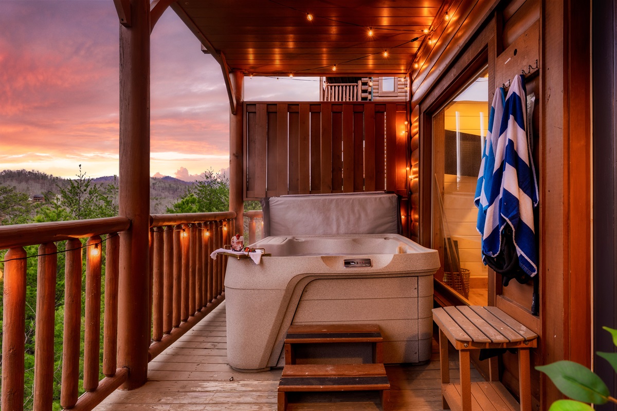 Embracing the serenity of nature's embrace: Hot tub vibes with a side of mountain magic!