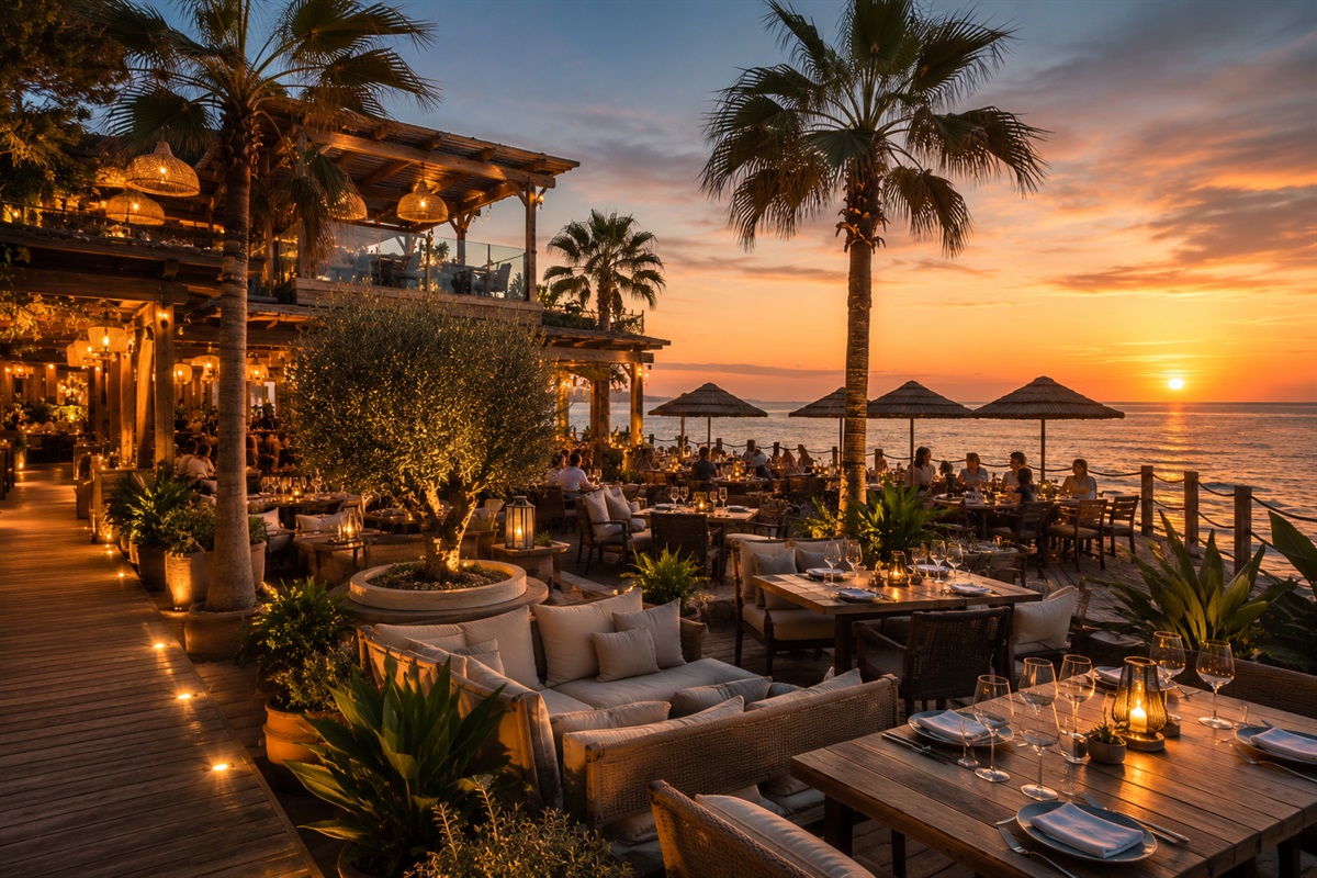 Mediterranean Beach Club Lifestyle – Inspired by the elegant atmosphere of Trocadero Benalmádena, offering sunset dining, seaside cocktails and relaxed Mediterranean vibes nearby.