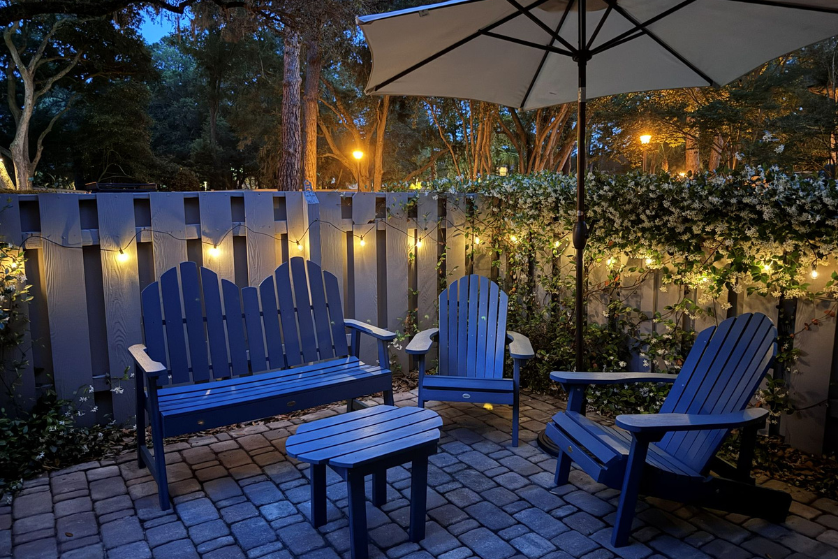 Patio at night with string lights