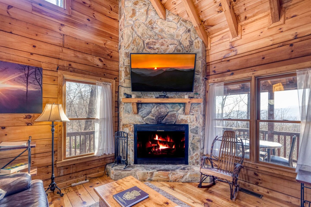 Living room wood burning fireplace and TV