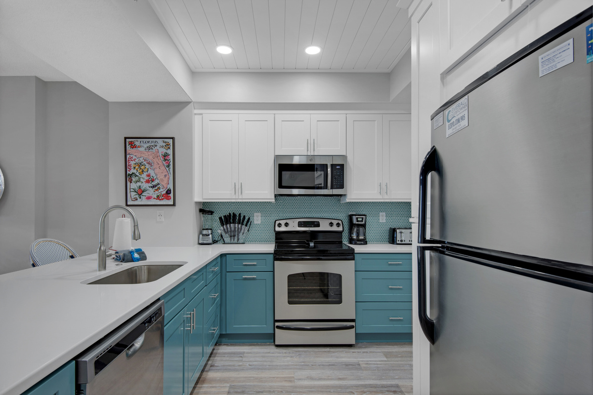 Updated kitchen with island seating.