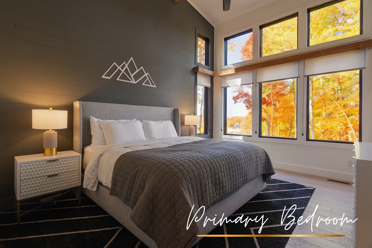 A vibrant and airy primary bedroom with large windows, plush bedding, and a serene forest view.