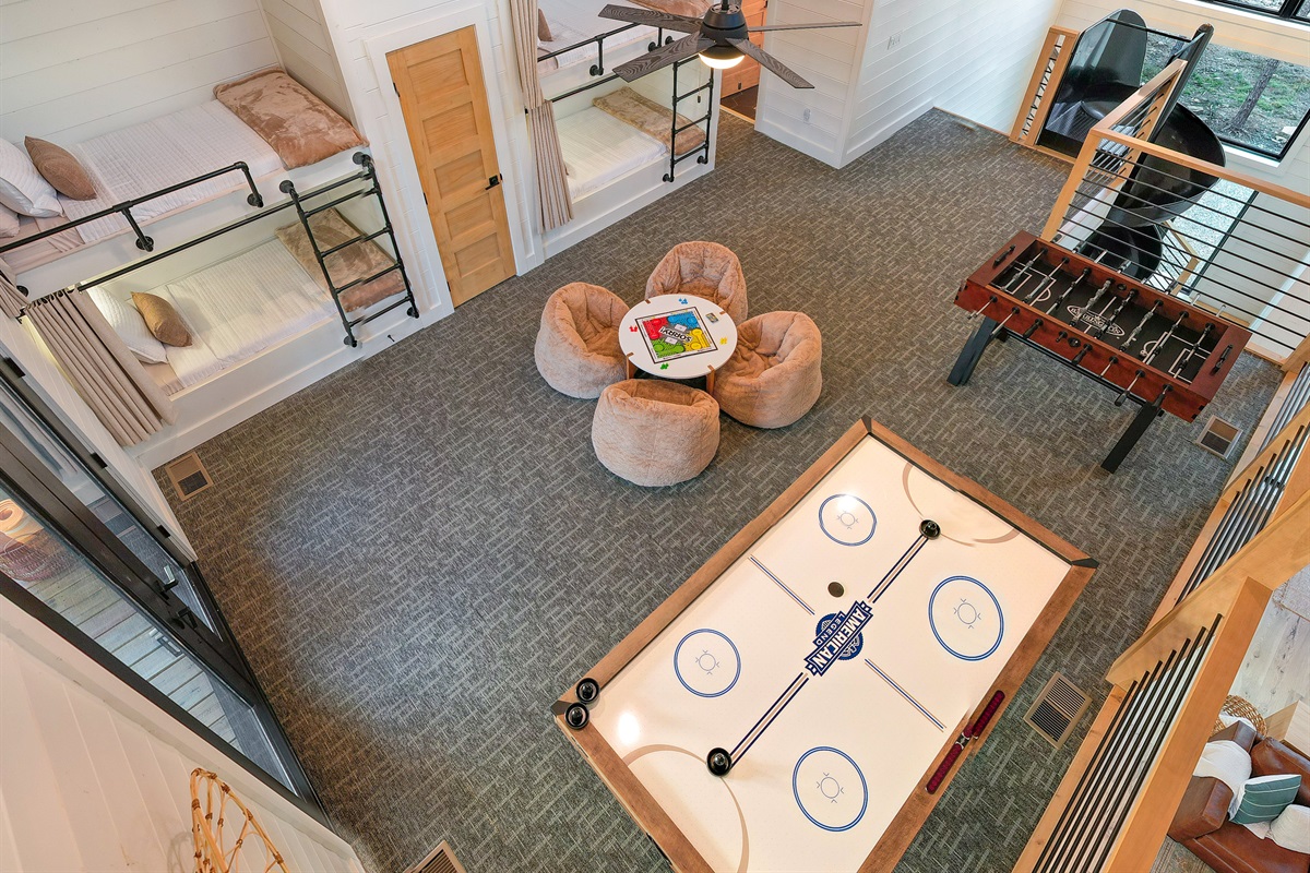 The large loft provides a good space to gather to play games.