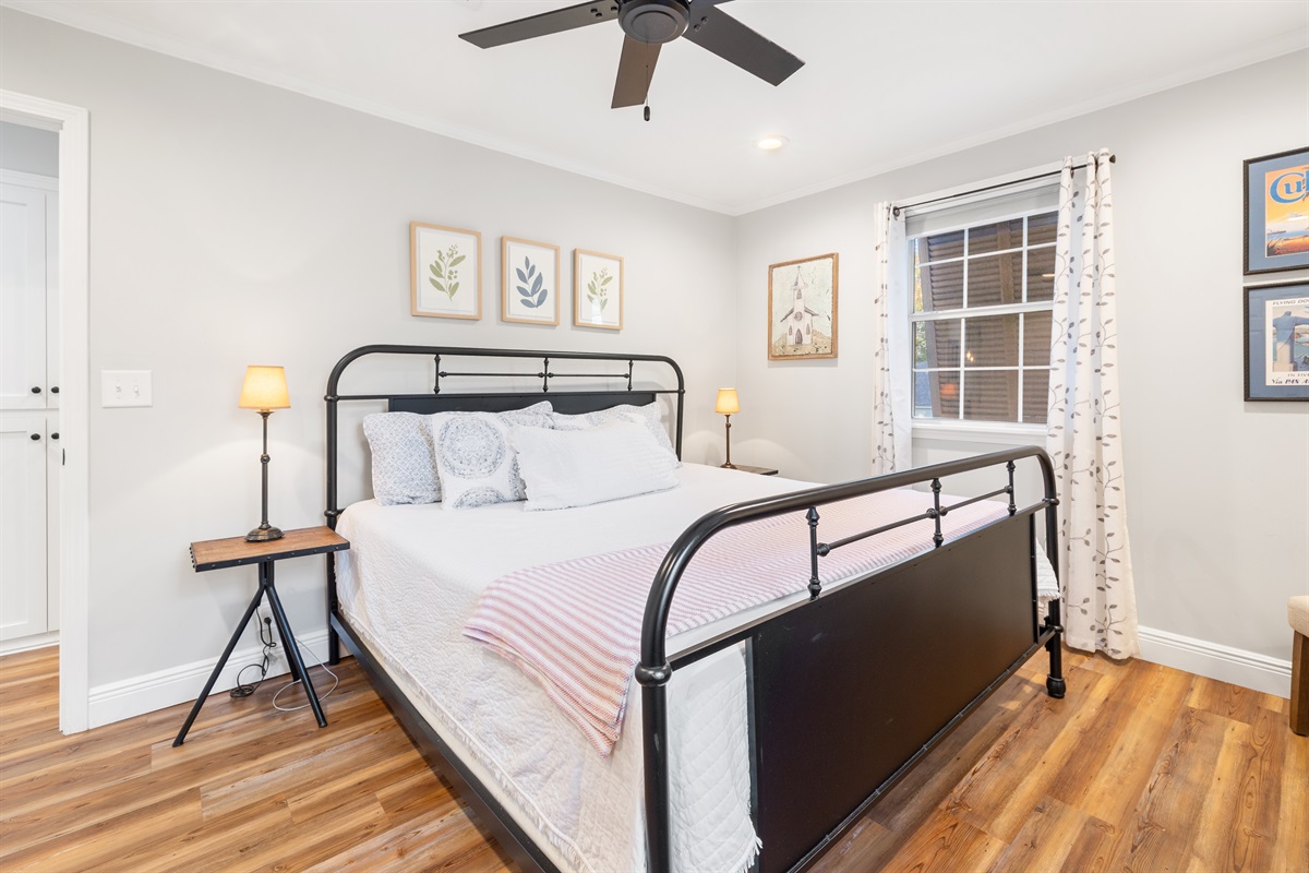 A spacious king bed for a restful stay at Honeycomb—your peaceful Laurel retreat awaits.