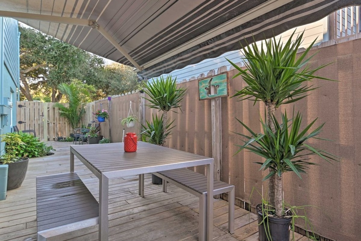Fenced Side Yard with Awning and Dining Table