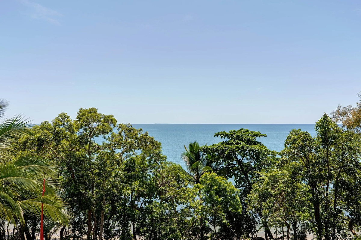 The ocean view is framed by palms and leafy greenery, giving the home a strong connection to its beachside setting.