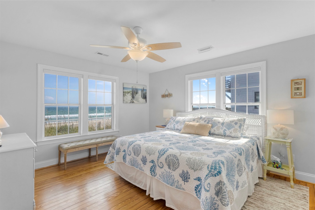 The master bedroom, with a king size bed, has gorgeous beach and ocean views, as well as an en suite bathroom and a ROKU tv with streaming