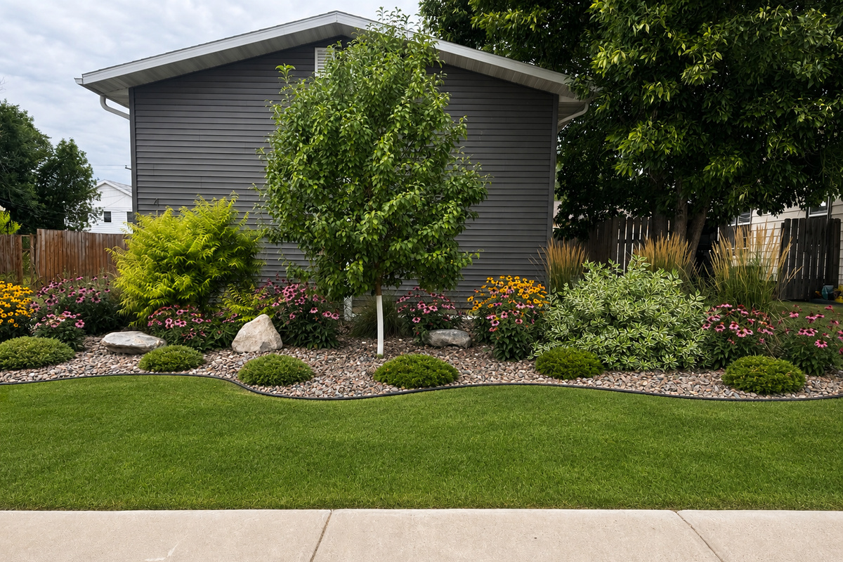 Beautifully landscaped yard with lush lawn and colorful garden beds