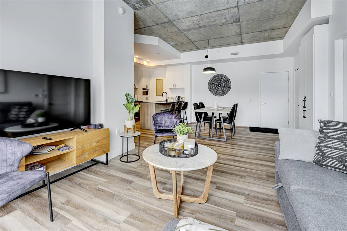 Confortable salon avec TV intelligente et salle à manger