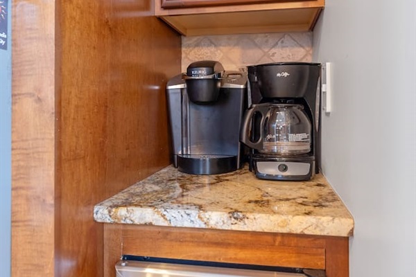 Full kitchen with stainless steel appliances, large island for additional seating, ample prep space and separate beverage refrigerator. Keurig and regular coffee maker. 