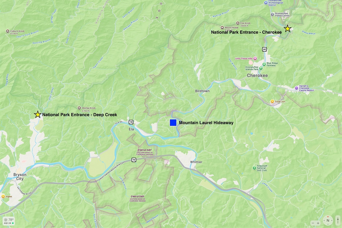 5 miles to Bryson City and Cherokee both!