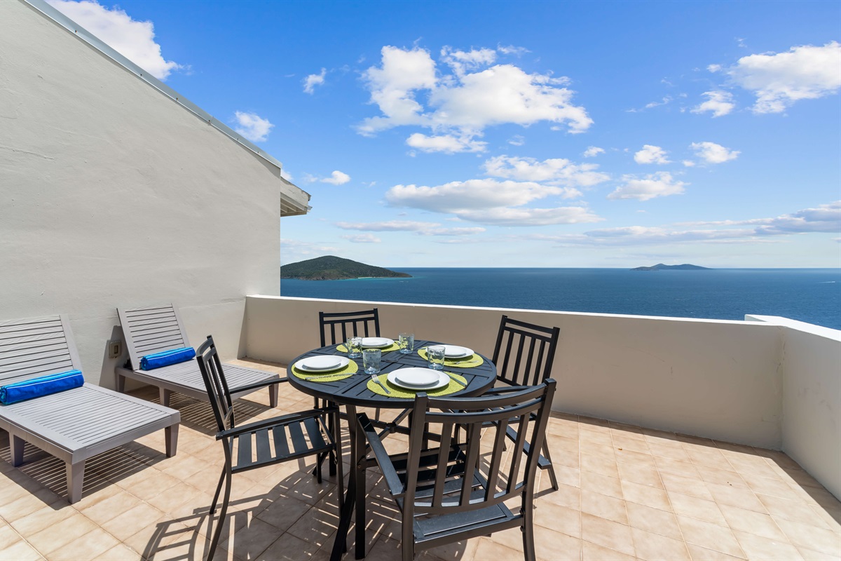 Dine al fresco with unforgettable island views; your private terrace awaits.
