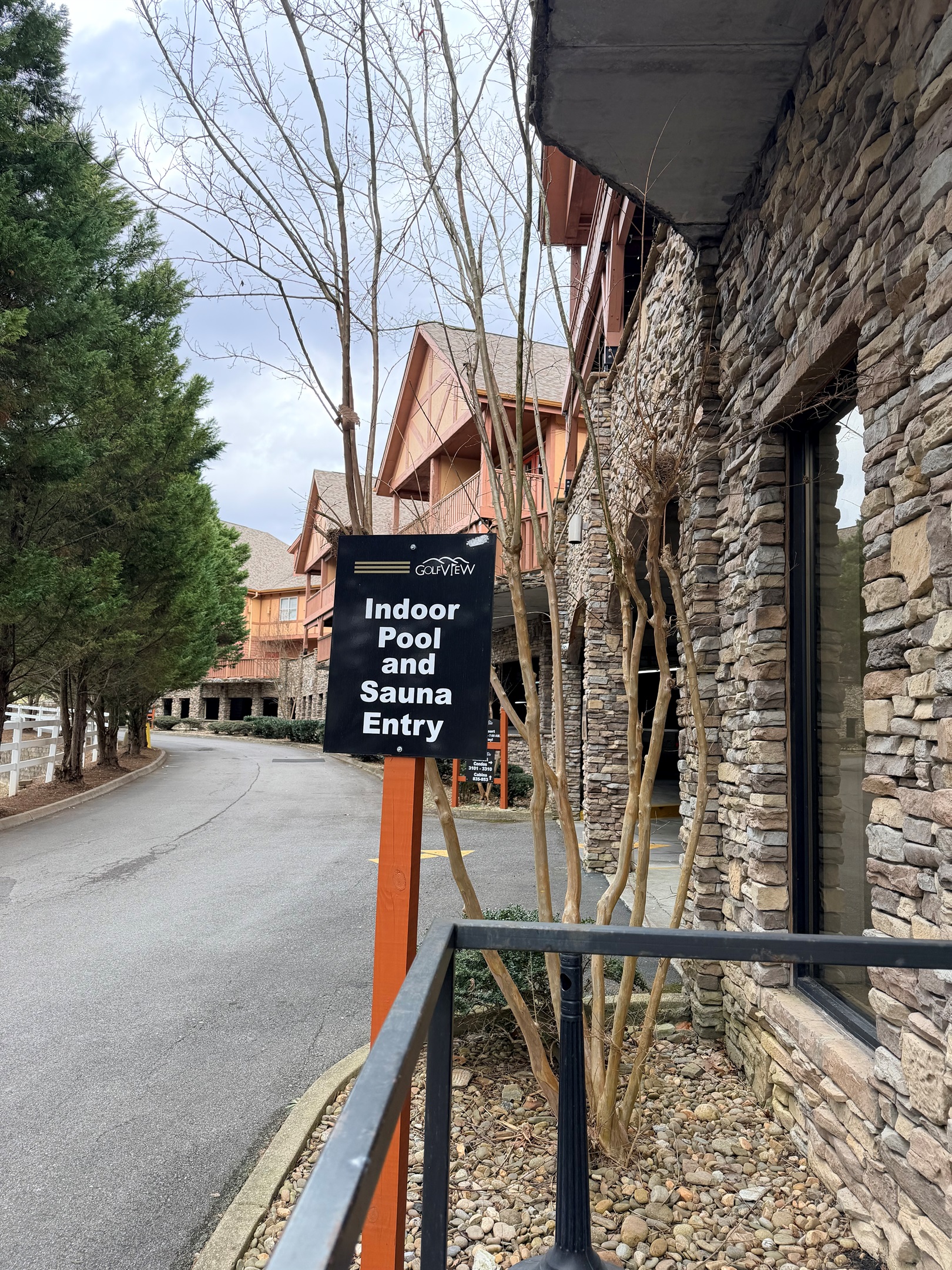 Sign leading to the indoor pool & sauna.  Community amenity