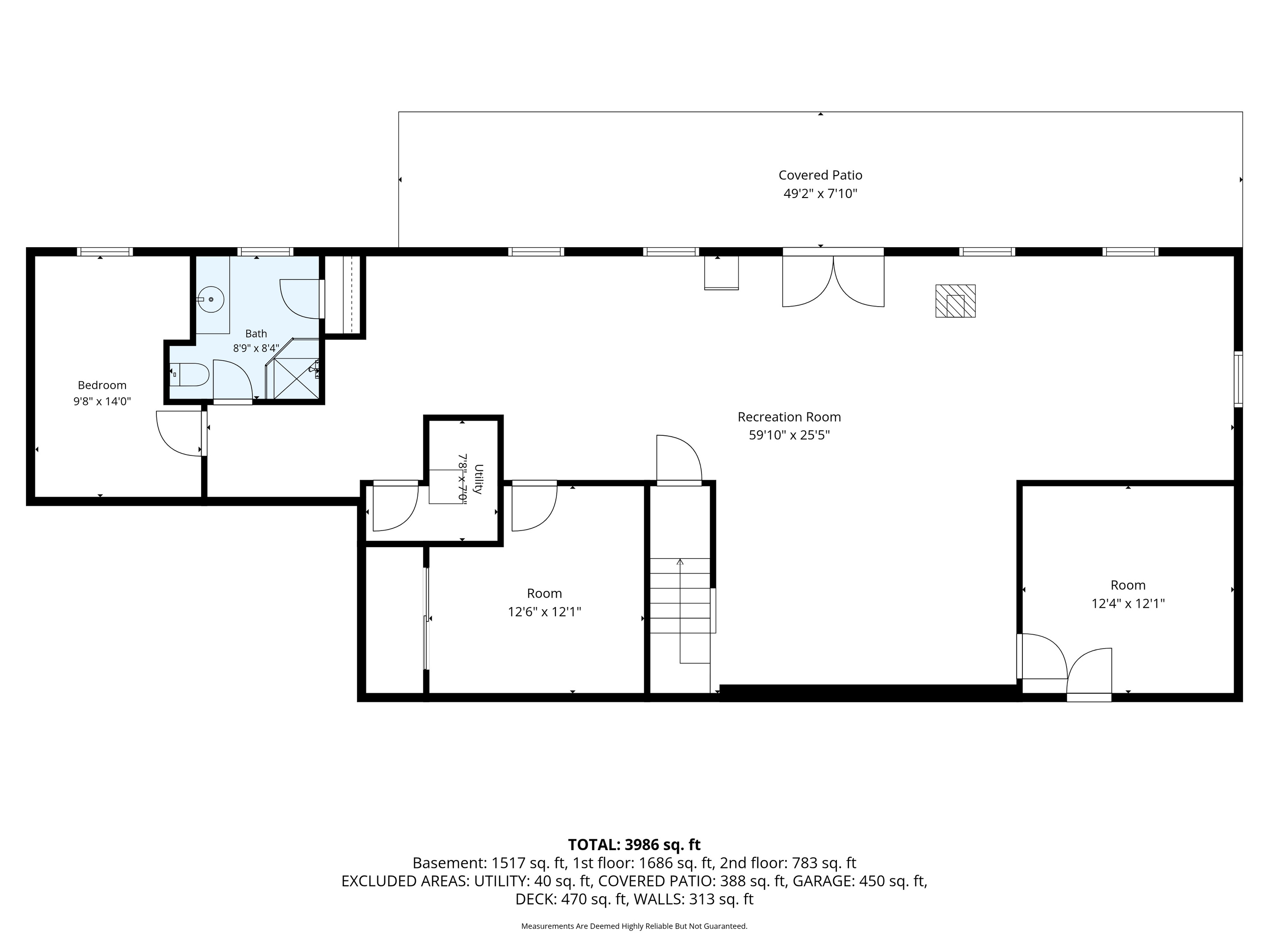 Floor plan of the lower level: recreation room, bedroom, two rooms and bath. The big recreation room opens to the covered patio.