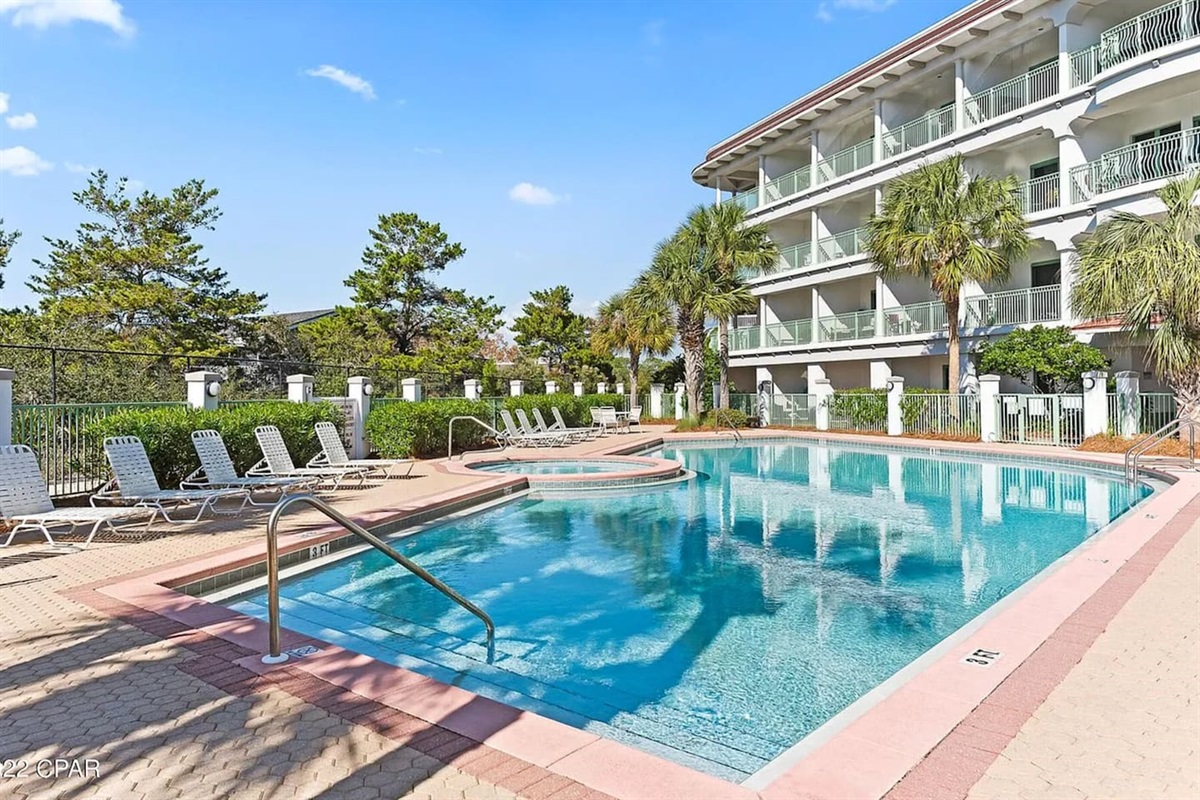 Go out to the patio and the pool is a few steps away. There are outside showers to rinse.