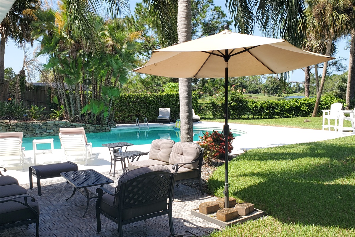 Outdoor patio and umbrella
