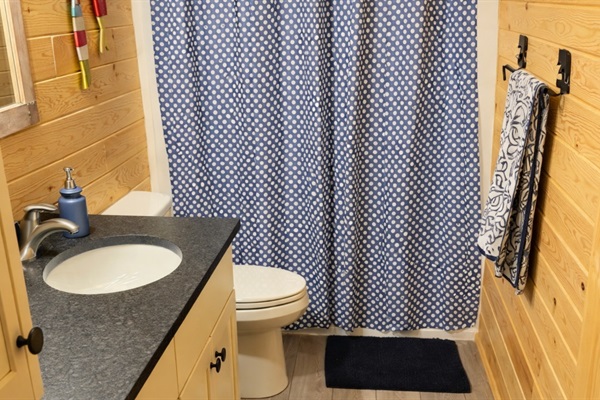 Modern, main-level guest bathroom with stone countertops and a spacious walk-in shower