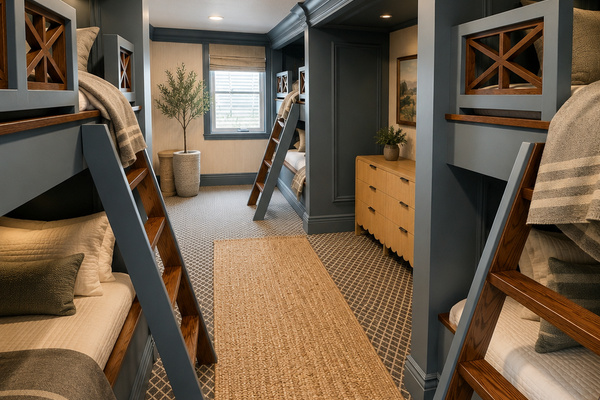 Perfect for kids, groups, or family gatherings, this spacious basement bunk room features 9 XL-twin beds with built-in bunks, individual sleeping spaces, and plenty of room to spread out. A fun retreat designed for memorable stays, movie night.