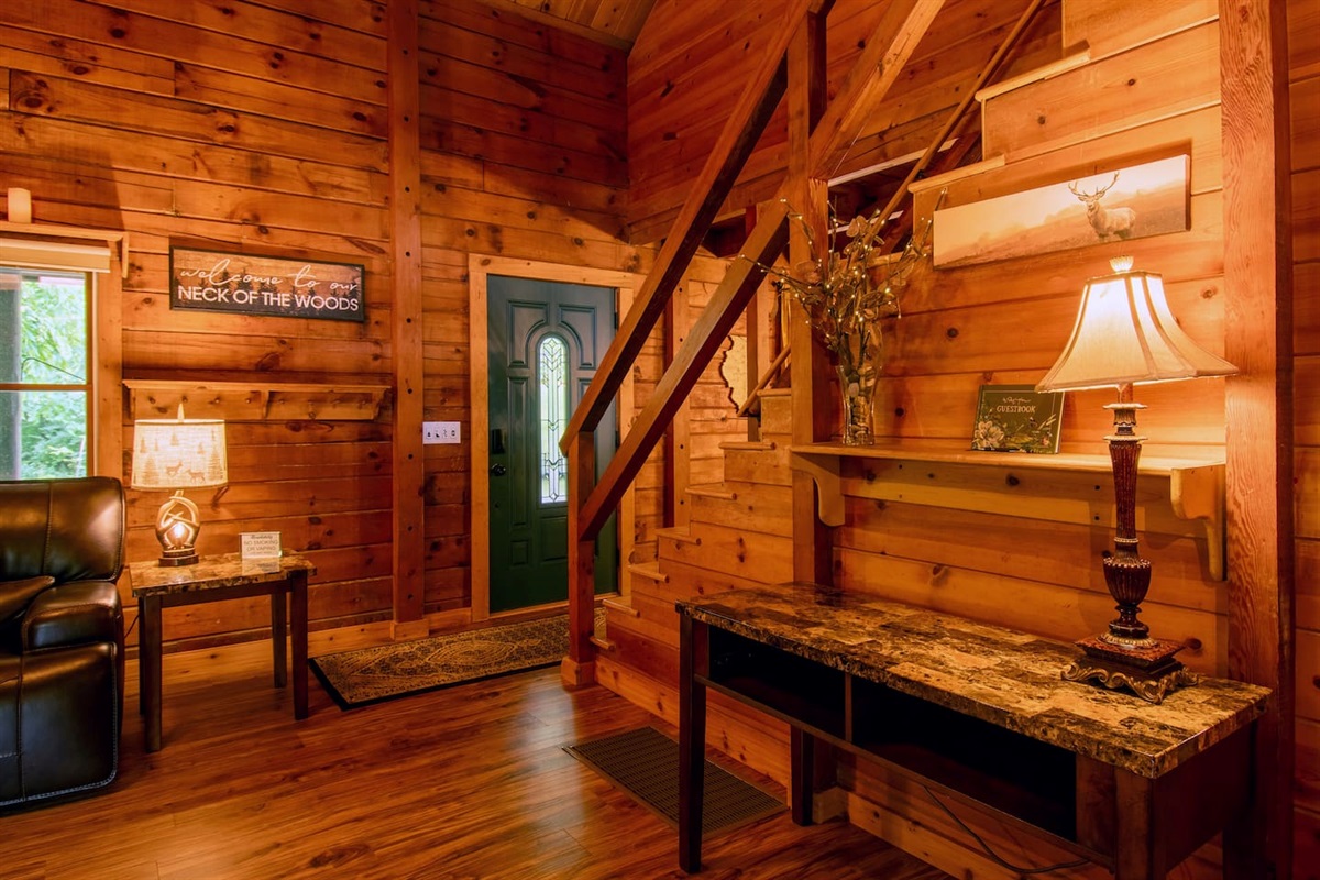 There are shelves and counter areas for storing your personal items.